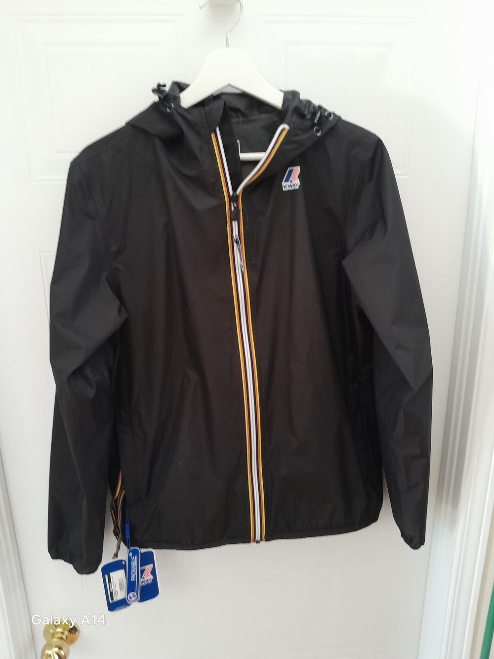 K-Way Black Hooded Raincoat with Yellow & White Trim